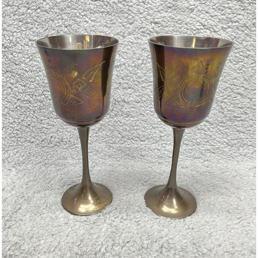 Brass Goblets Drinkware Stemware Vintage Metalware Set‎ of 2 Made in India